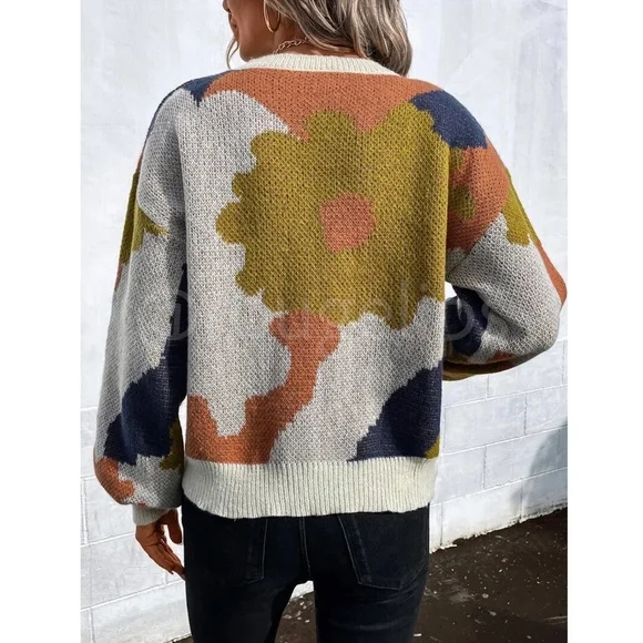 Floral Print Pullover Knit Sweater Multicolor Crew Neck Long Sleeve - Picture 6 of 7